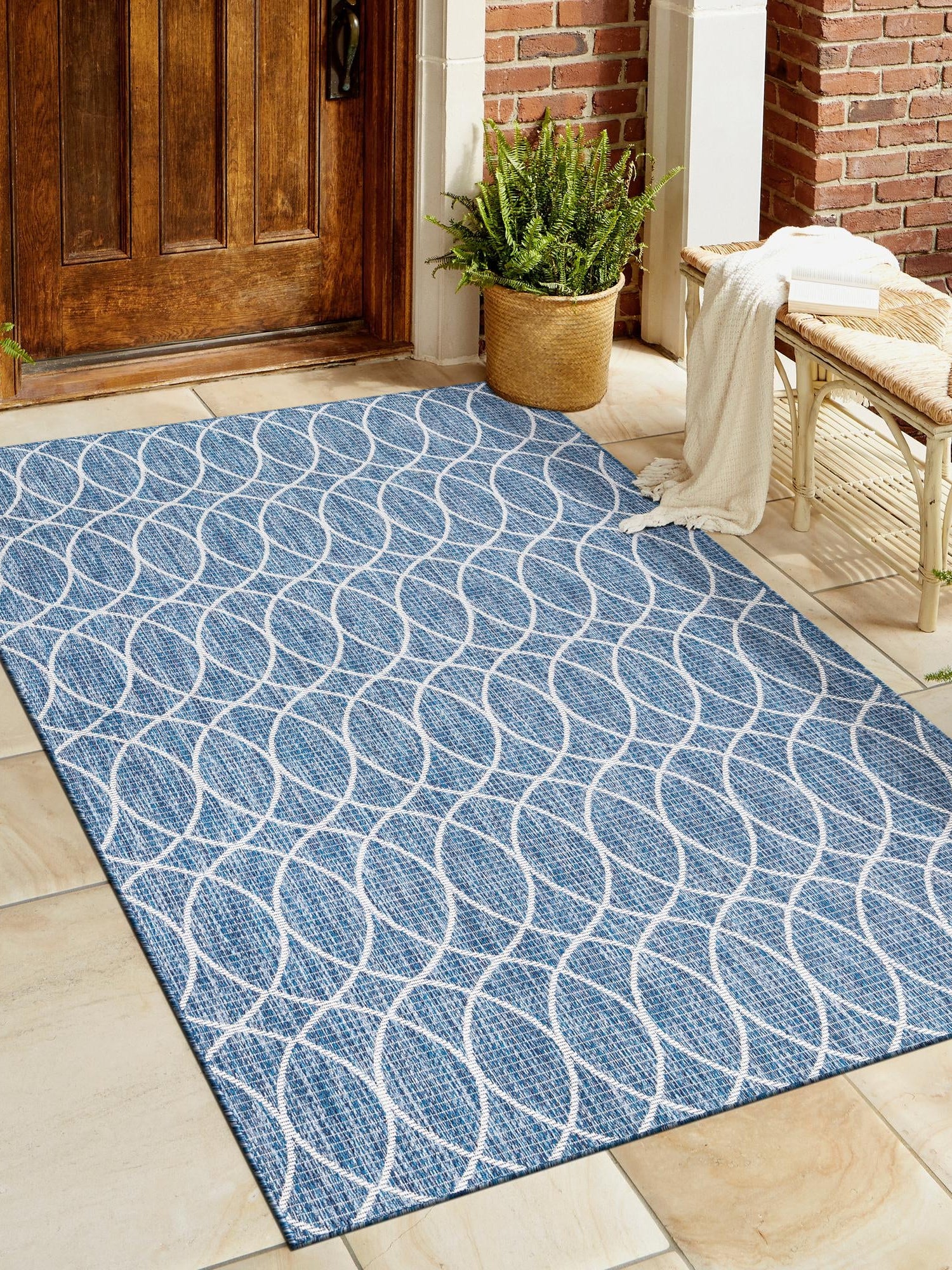 Blue 10' x 14' 1 Outdoor Trellis Rectangle Area Rug Weather Resistant for Patio, Deck, Terrace, Balcony, Porch Geometric Design Water Safe Outside Carpet for Sale at Rug Engine