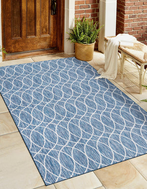Blue 4' 1 x 6' 1 Outdoor Trellis Rectangle Area Rug Weather Resistant for Patio, Deck, Terrace, Balcony, Porch Geometric Design Water Safe Outside Carpet for Sale at Rug Engine