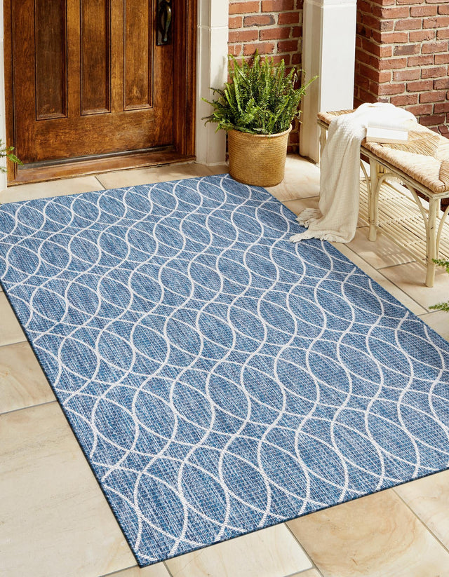 Blue 5' 3 x 8' Outdoor Trellis Rectangle Area Rug Weather Resistant for Patio, Deck, Terrace, Balcony, Porch Geometric Design Water Safe Outside Carpet for Sale at Rug Engine