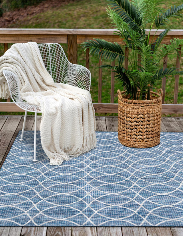 Blue 3' 1 x 5' 3 Outdoor Trellis Rectangle Area Rug Weather Resistant for Patio, Deck, Terrace, Balcony, Porch Geometric Design Water Safe Outside Carpet for Sale at Rug Engine