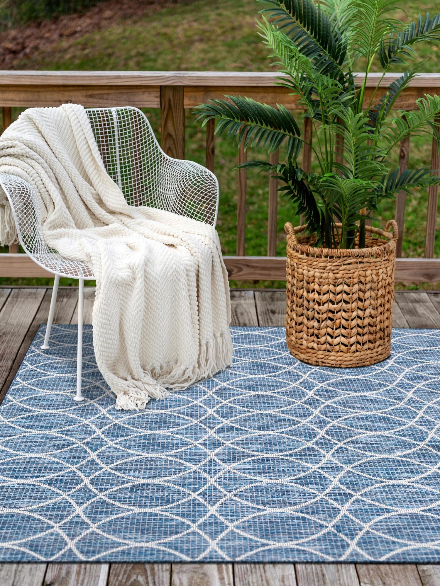 Blue 5' 3 x 8' Outdoor Trellis Rectangle Area Rug Weather Resistant for Patio, Deck, Terrace, Balcony, Porch Geometric Design Water Safe Outside Carpet for Sale at Rug Engine