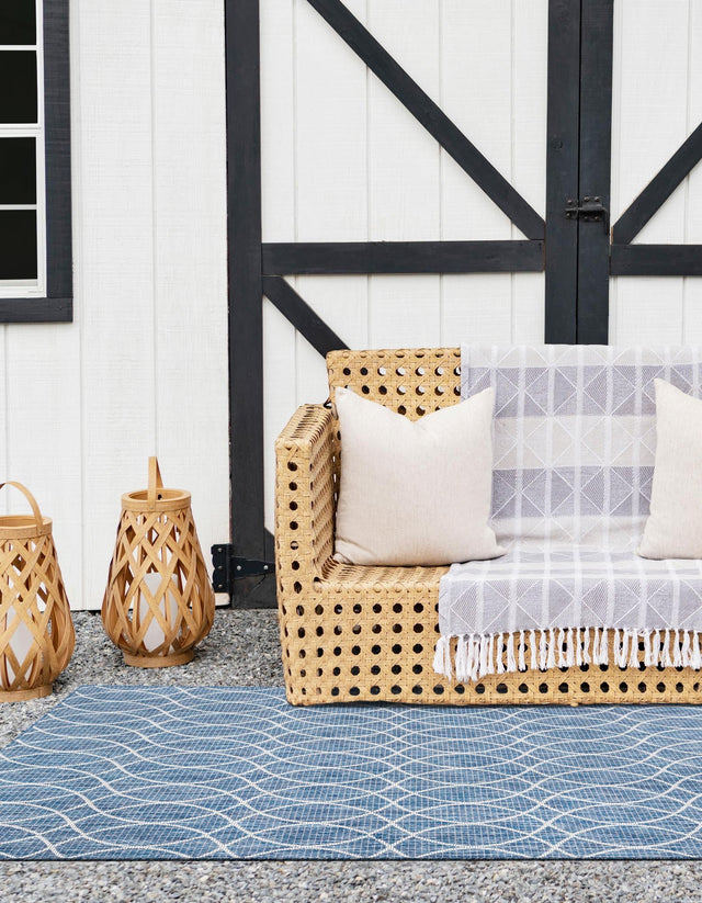 Blue 5' 3 x 8' Outdoor Trellis Rectangle Area Rug Weather Resistant for Patio, Deck, Terrace, Balcony, Porch Geometric Design Water Safe Outside Carpet for Sale at Rug Engine