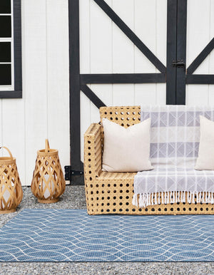 Blue 7' 10 x 11' Outdoor Trellis Rectangle Area Rug Weather Resistant for Patio, Deck, Terrace, Balcony, Porch Geometric Design Water Safe Outside Carpet for Sale at Rug Engine