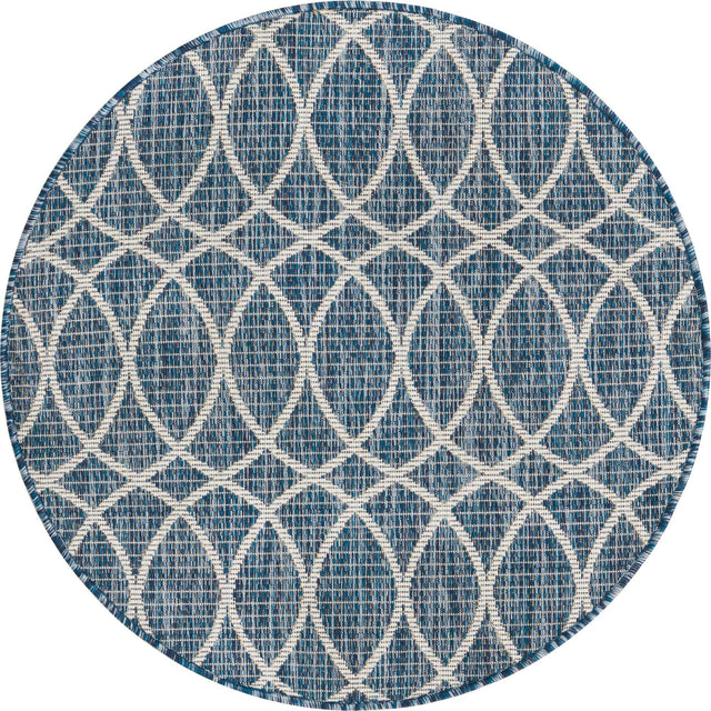 Blue 3' 1 x 3' 1 Outdoor Trellis Round Area Rug Weather Resistant for Patio, Deck, Terrace, Balcony, Porch Geometric Design Water Safe Outside Carpet for Sale at Rug Engine