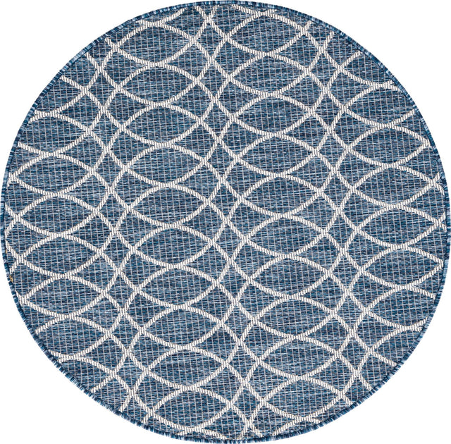 Blue 4' 1 x 4' 1 Outdoor Trellis Round Area Rug Weather Resistant for Patio, Deck, Terrace, Balcony, Porch Geometric Design Water Safe Outside Carpet for Sale at Rug Engine