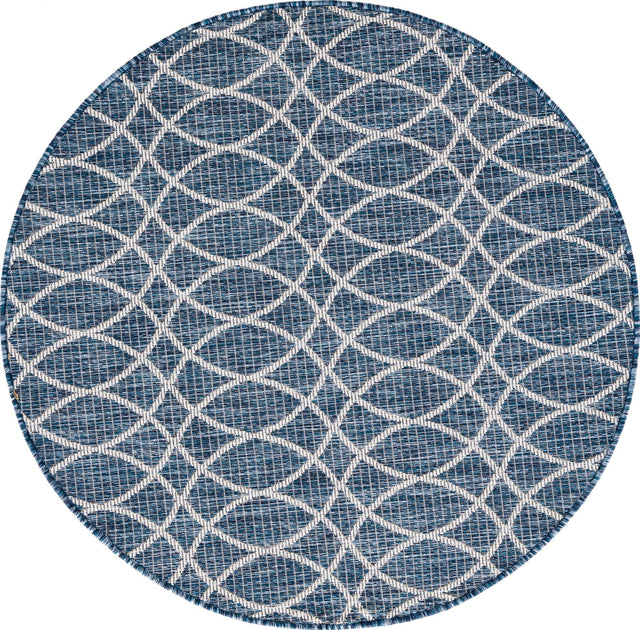 Blue 4' 1 x 4' 1 Outdoor Trellis Round Area Rug Weather Resistant for Patio, Deck, Terrace, Balcony, Porch Geometric Design Water Safe Outside Carpet for Sale at Rug Engine