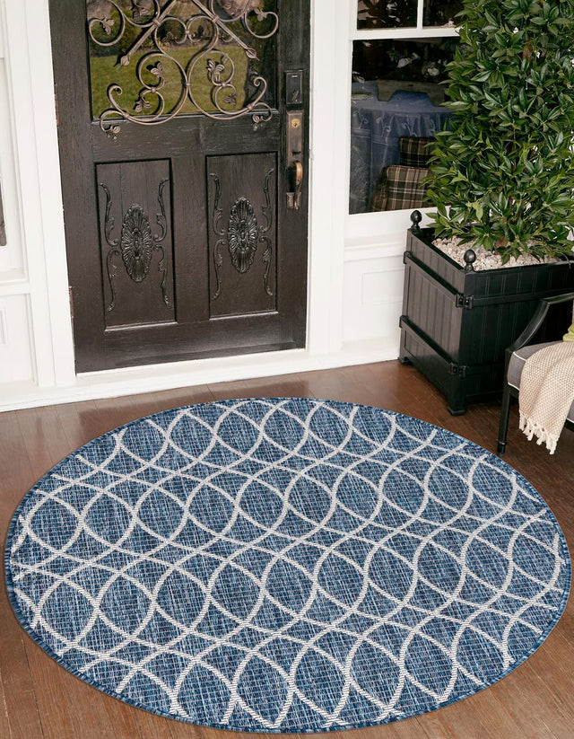 Blue 4' 1 x 4' 1 Outdoor Trellis Round Area Rug Weather Resistant for Patio, Deck, Terrace, Balcony, Porch Geometric Design Water Safe Outside Carpet for Sale at Rug Engine