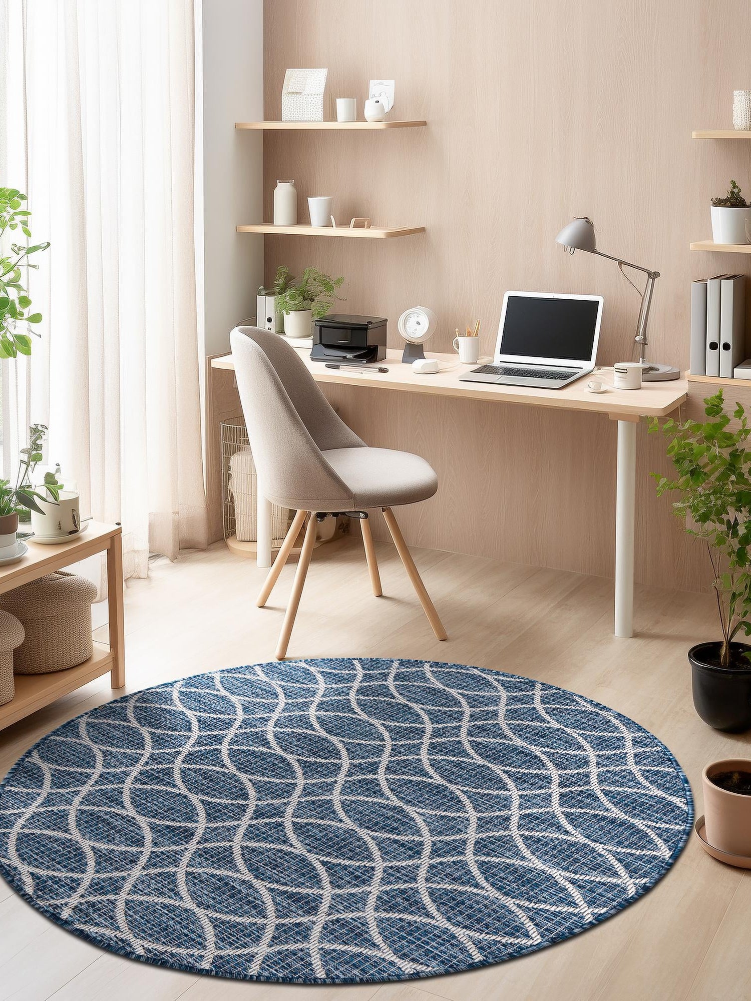 Blue 3' 1 x 3' 1 Outdoor Trellis Round Area Rug Weather Resistant for Patio, Deck, Terrace, Balcony, Porch Geometric Design Water Safe Outside Carpet for Sale at Rug Engine