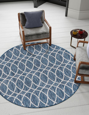 Blue 4' 1 x 4' 1 Outdoor Trellis Round Area Rug Weather Resistant for Patio, Deck, Terrace, Balcony, Porch Geometric Design Water Safe Outside Carpet for Sale at Rug Engine