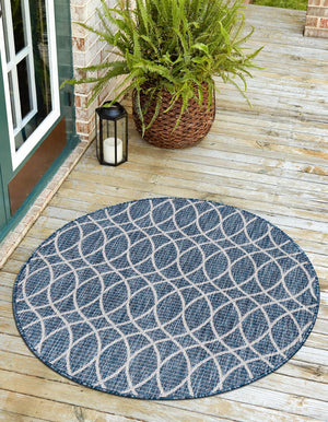 Blue 4' 1 x 4' 1 Outdoor Trellis Round Area Rug Weather Resistant for Patio, Deck, Terrace, Balcony, Porch Geometric Design Water Safe Outside Carpet for Sale at Rug Engine