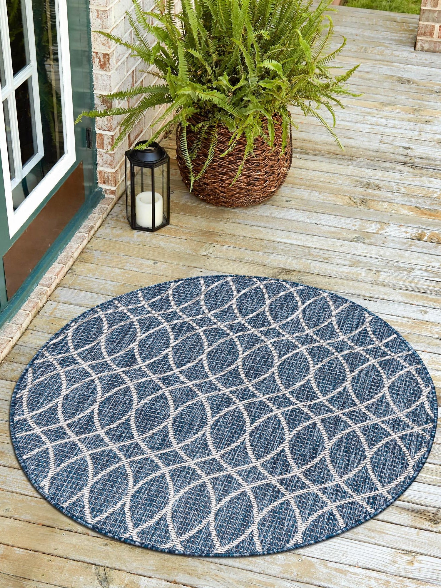 Blue 3' 1 x 3' 1 Outdoor Trellis Round Area Rug Weather Resistant for Patio, Deck, Terrace, Balcony, Porch Geometric Design Water Safe Outside Carpet for Sale at Rug Engine