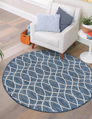 Blue 10' x 10' Outdoor Trellis Round Area Rug Weather Resistant for Patio, Deck, Terrace, Balcony, Porch Geometric Design Water Safe Outside Carpet for Sale at Rug Engine