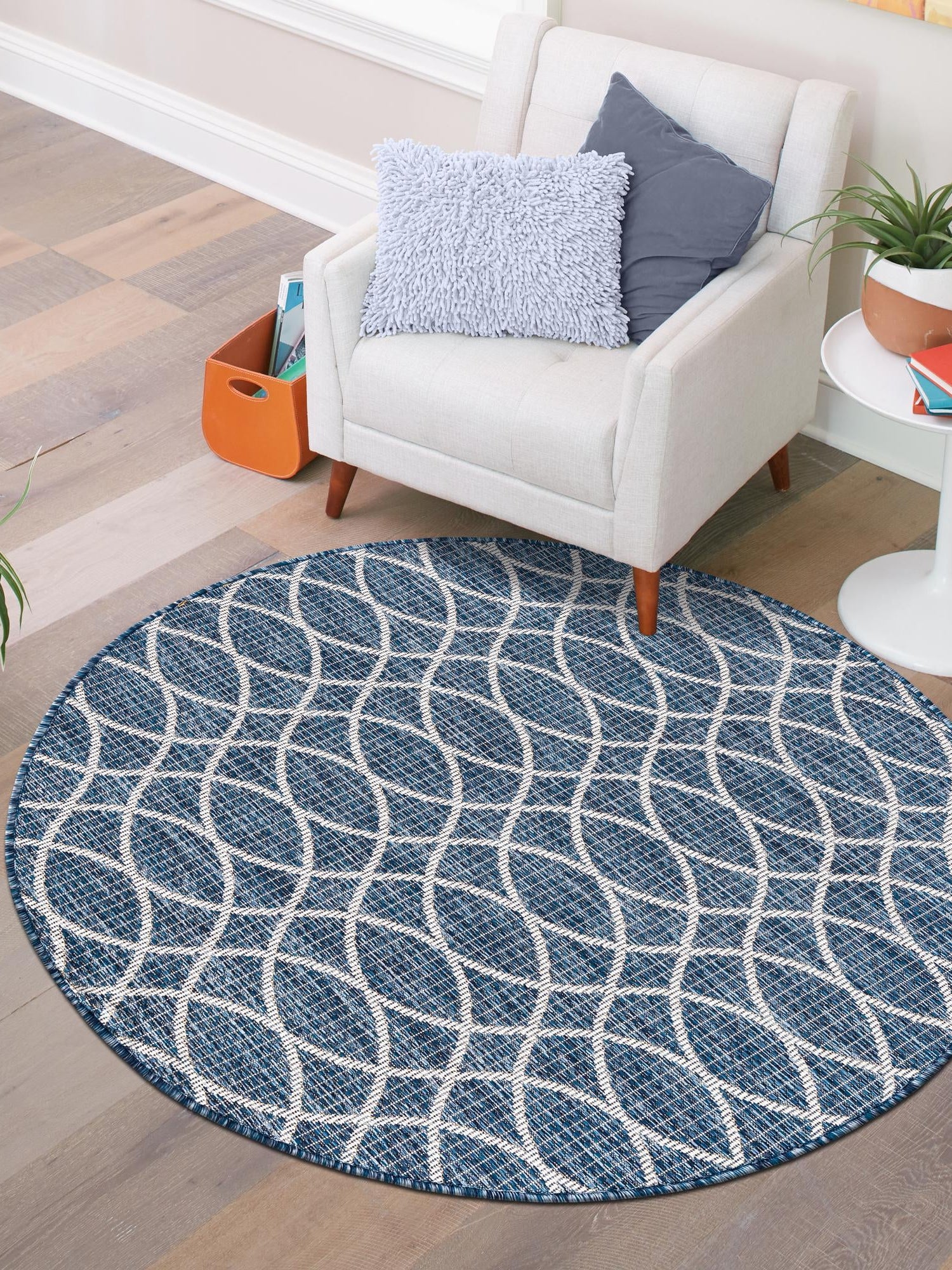 Blue 3' 1 x 3' 1 Outdoor Trellis Round Area Rug Weather Resistant for Patio, Deck, Terrace, Balcony, Porch Geometric Design Water Safe Outside Carpet for Sale at Rug Engine