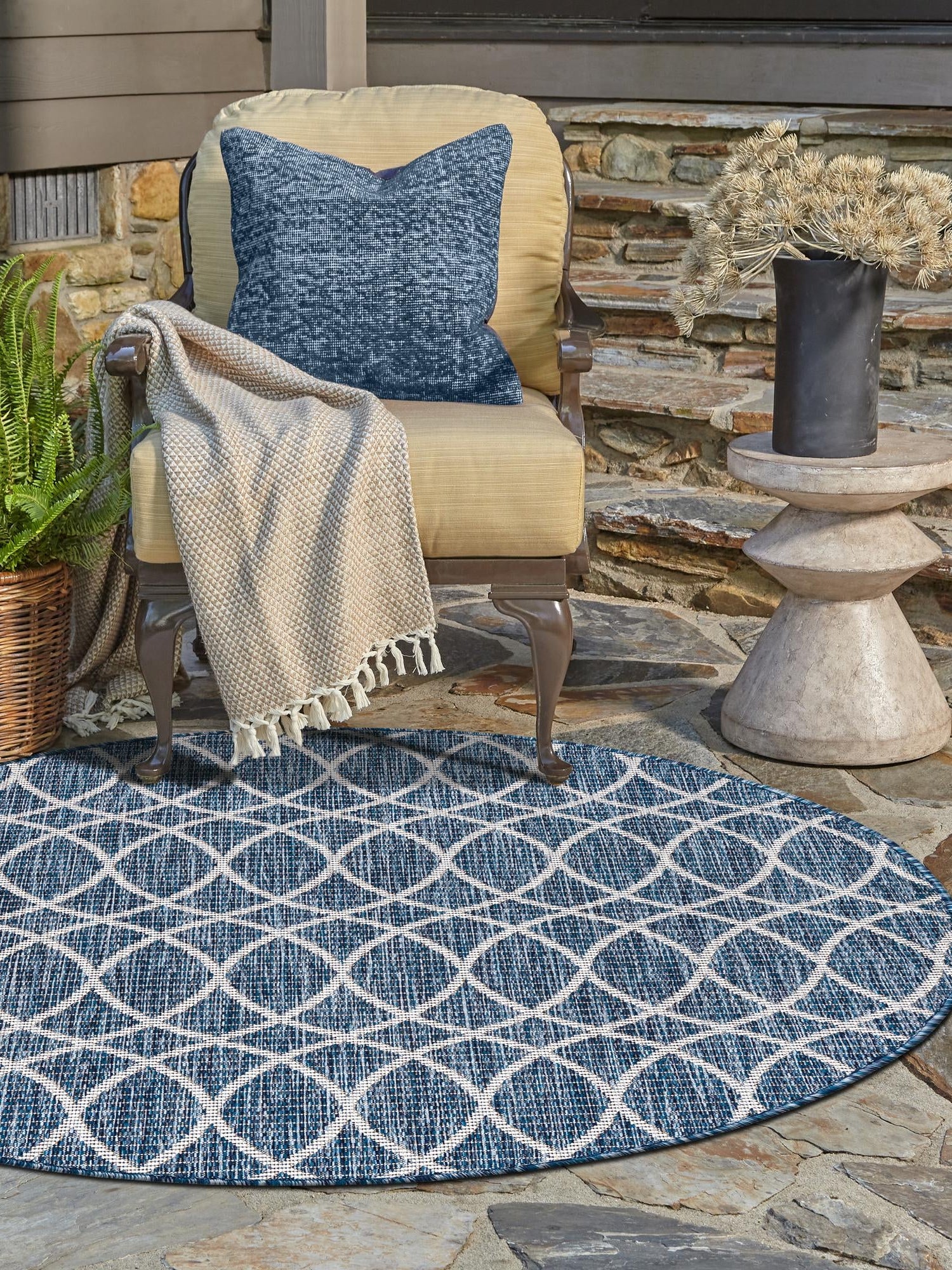 Blue 10' x 10' Outdoor Trellis Round Area Rug Weather Resistant for Patio, Deck, Terrace, Balcony, Porch Geometric Design Water Safe Outside Carpet for Sale at Rug Engine