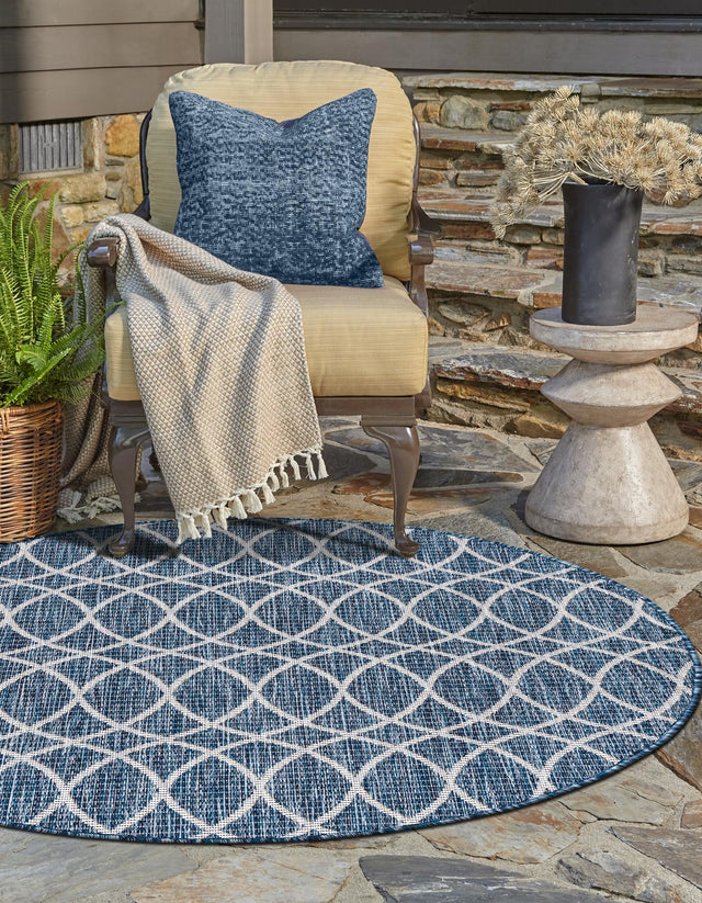Blue 3' 1 x 3' 1 Outdoor Trellis Round Area Rug Weather Resistant for Patio, Deck, Terrace, Balcony, Porch Geometric Design Water Safe Outside Carpet for Sale at Rug Engine