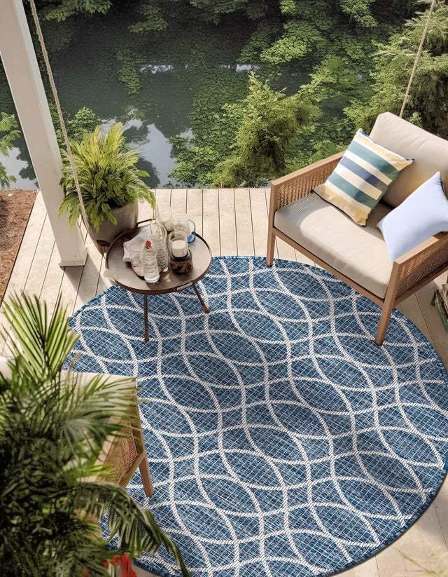 Blue 10' x 10' Outdoor Trellis Round Area Rug Weather Resistant for Patio, Deck, Terrace, Balcony, Porch Geometric Design Water Safe Outside Carpet for Sale at Rug Engine