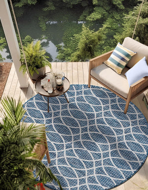 Blue 3' 1 x 3' 1 Outdoor Trellis Round Area Rug Weather Resistant for Patio, Deck, Terrace, Balcony, Porch Geometric Design Water Safe Outside Carpet for Sale at Rug Engine