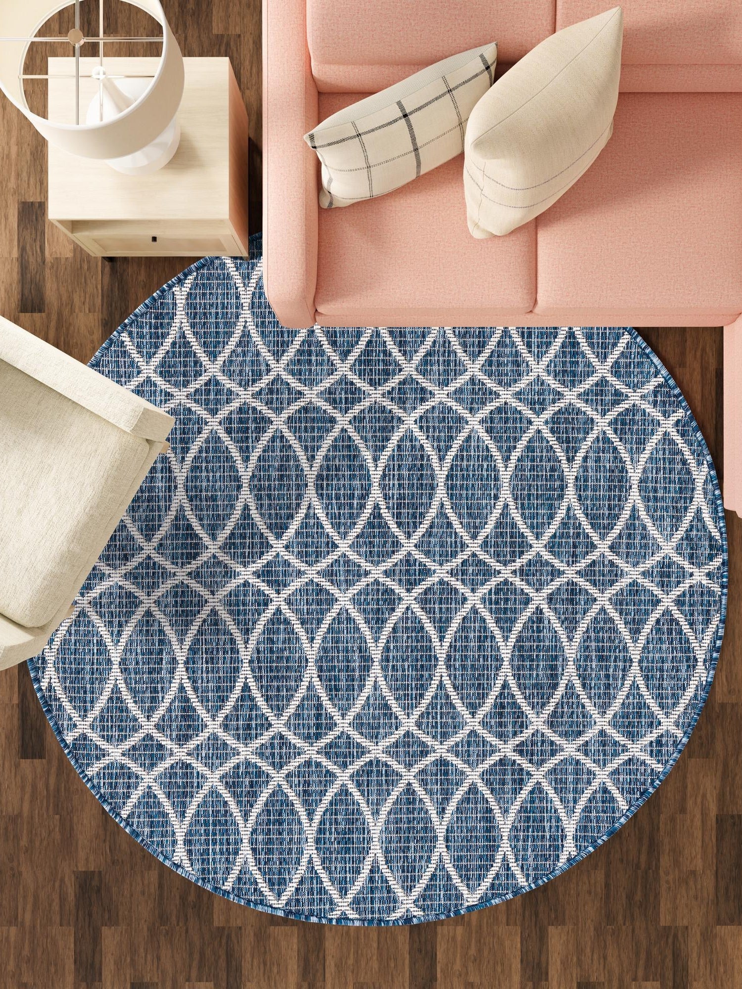 Blue 10' x 10' Outdoor Trellis Round Area Rug Weather Resistant for Patio, Deck, Terrace, Balcony, Porch Geometric Design Water Safe Outside Carpet for Sale at Rug Engine