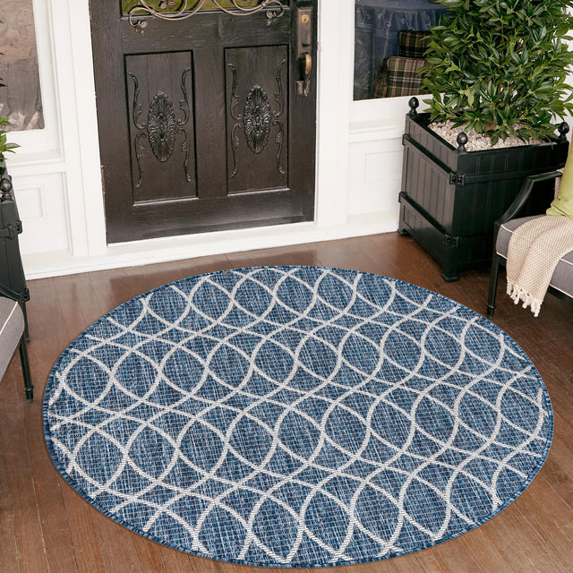 Blue 3' 1 x 3' 1 Outdoor Trellis Round Area Rug Weather Resistant for Patio, Deck, Terrace, Balcony, Porch Geometric Design Water Safe Outside Carpet for Sale at Rug Engine