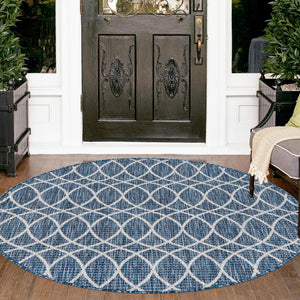 Blue 3' 1 x 3' 1 Outdoor Trellis Round Area Rug Weather Resistant for Patio, Deck, Terrace, Balcony, Porch Geometric Design Water Safe Outside Carpet for Sale at Rug Engine