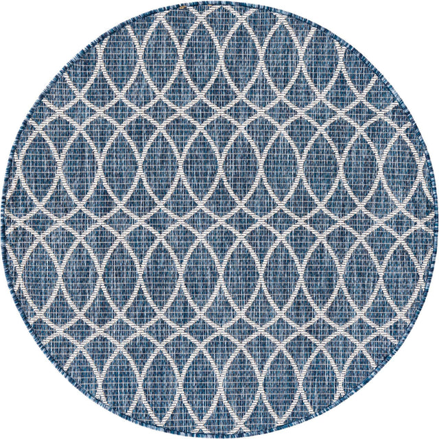 Blue 4' 1 x 4' 1 Outdoor Trellis Round Area Rug Weather Resistant for Patio, Deck, Terrace, Balcony, Porch Geometric Design Water Safe Outside Carpet for Sale at Rug Engine
