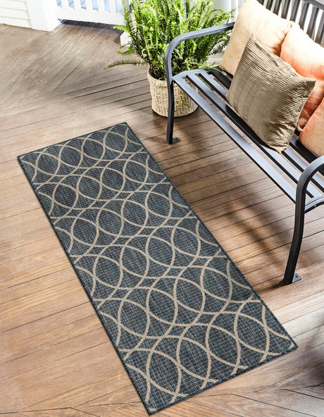 Blue 2' x 8' Outdoor Trellis Runner Area Rug Weather Resistant for Patio, Deck, Terrace, Balcony, Porch Geometric Design Water Safe Outside Carpet for Sale at Rug Engine