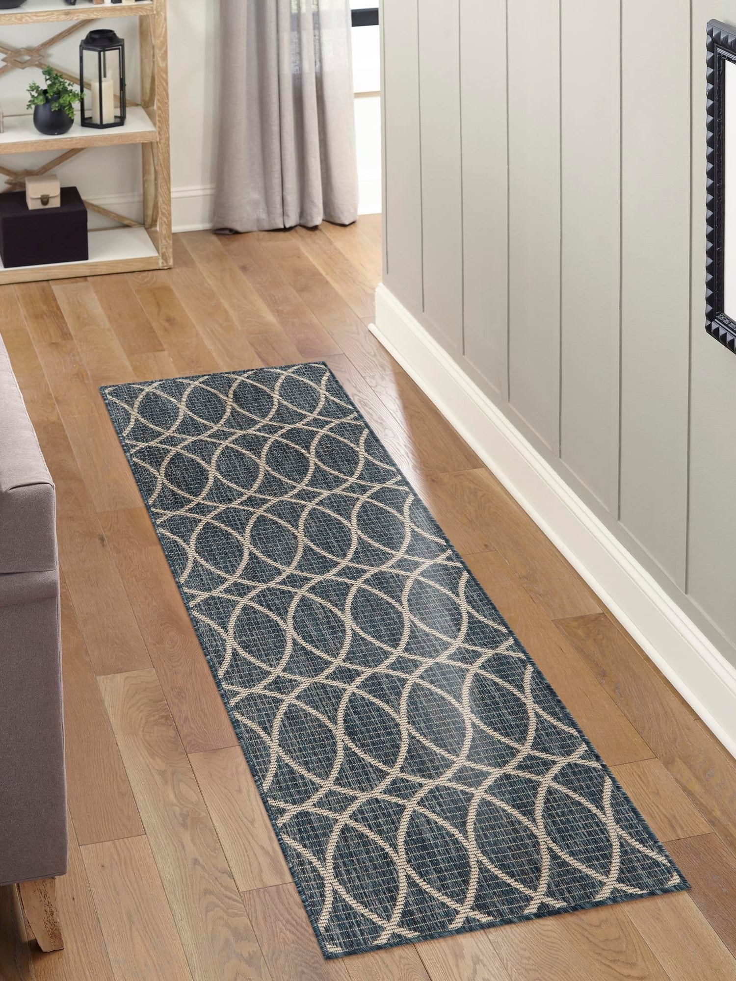 Blue 2' x 8' Outdoor Trellis Runner Area Rug Weather Resistant for Patio, Deck, Terrace, Balcony, Porch Geometric Design Water Safe Outside Carpet for Sale at Rug Engine
