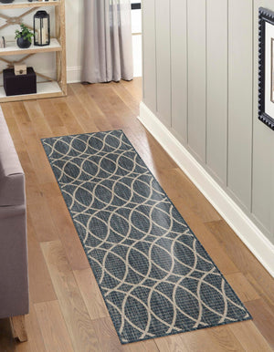 Blue 2' x 8' Outdoor Trellis Runner Area Rug Weather Resistant for Patio, Deck, Terrace, Balcony, Porch Geometric Design Water Safe Outside Carpet for Sale at Rug Engine