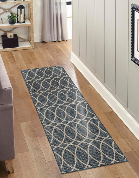 Blue 2' x 8' Outdoor Trellis Runner Area Rug Weather Resistant for Patio, Deck, Terrace, Balcony, Porch Geometric Design Water Safe Outside Carpet for Sale at Rug Engine