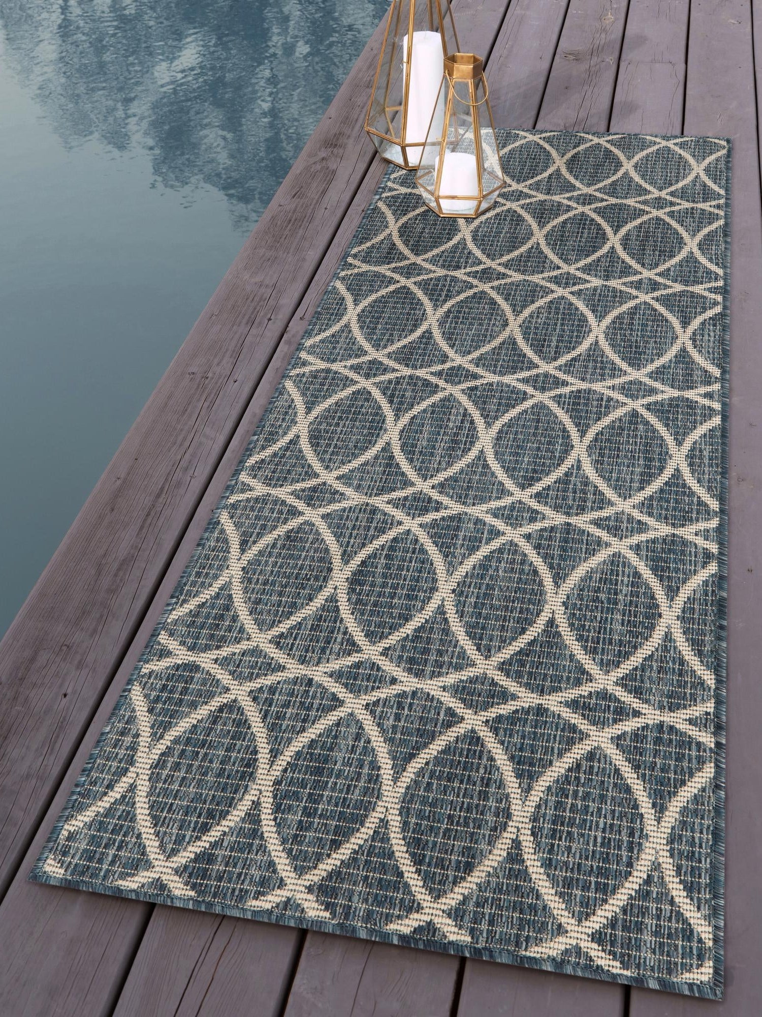 Blue 2' x 8' Outdoor Trellis Runner Area Rug Weather Resistant for Patio, Deck, Terrace, Balcony, Porch Geometric Design Water Safe Outside Carpet for Sale at Rug Engine