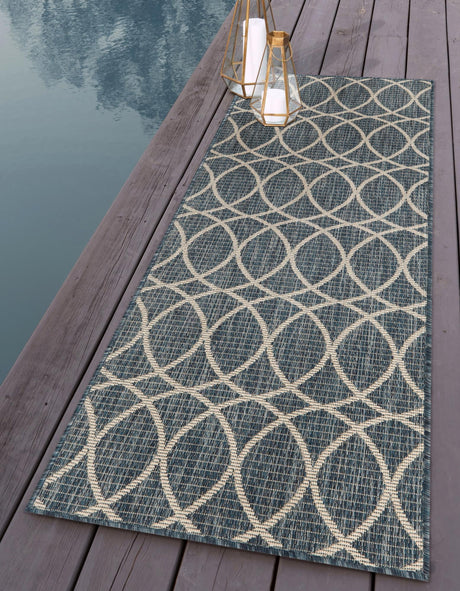 Blue 2' x 8' Outdoor Trellis Runner Area Rug Weather Resistant for Patio, Deck, Terrace, Balcony, Porch Geometric Design Water Safe Outside Carpet for Sale at Rug Engine