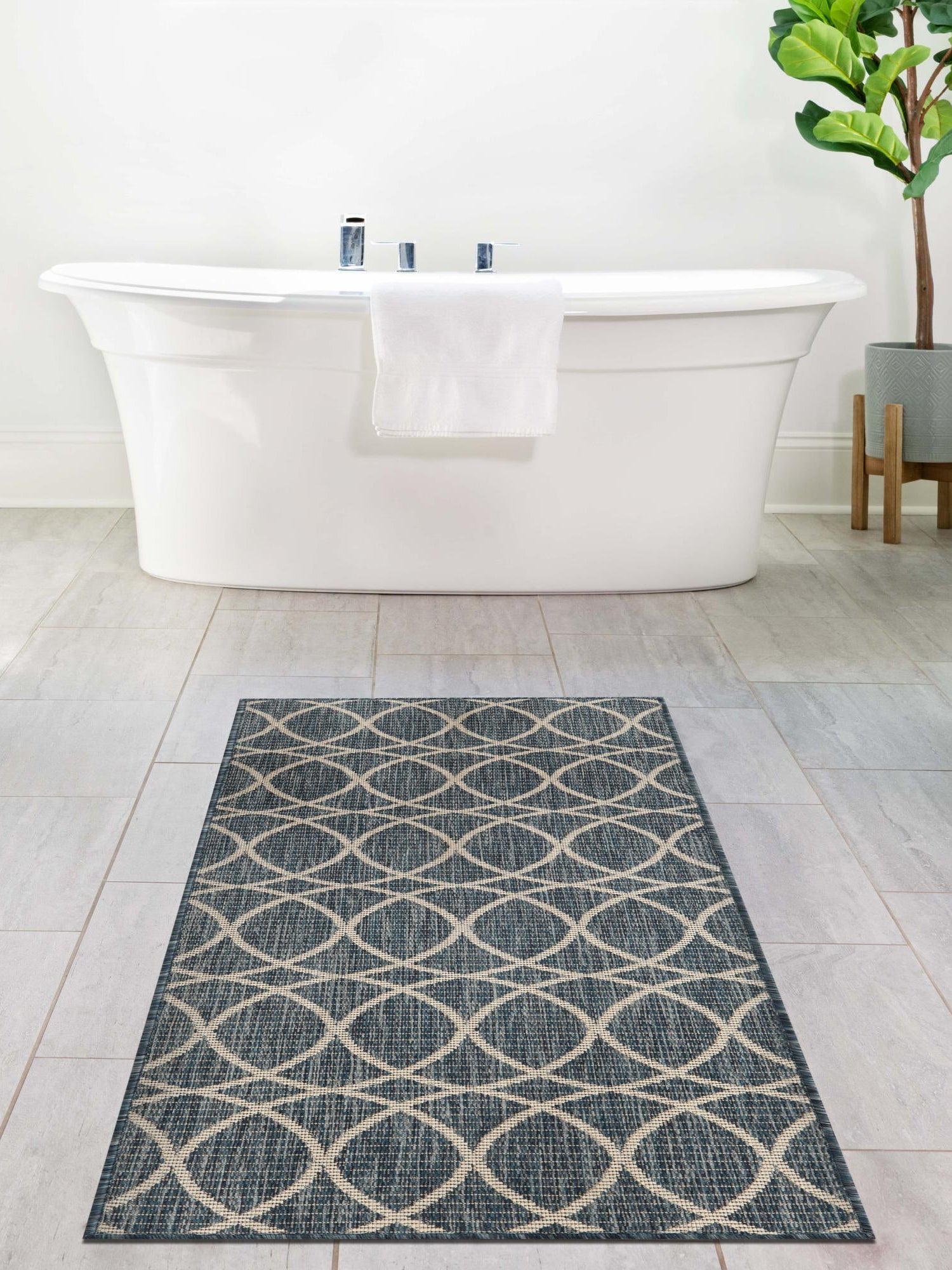 Blue 2' x 8' Outdoor Trellis Runner Area Rug Weather Resistant for Patio, Deck, Terrace, Balcony, Porch Geometric Design Water Safe Outside Carpet for Sale at Rug Engine