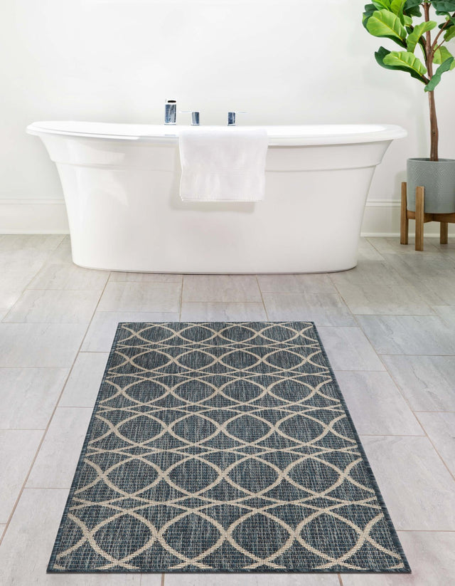 Blue 2' x 8' Outdoor Trellis Runner Area Rug Weather Resistant for Patio, Deck, Terrace, Balcony, Porch Geometric Design Water Safe Outside Carpet for Sale at Rug Engine
