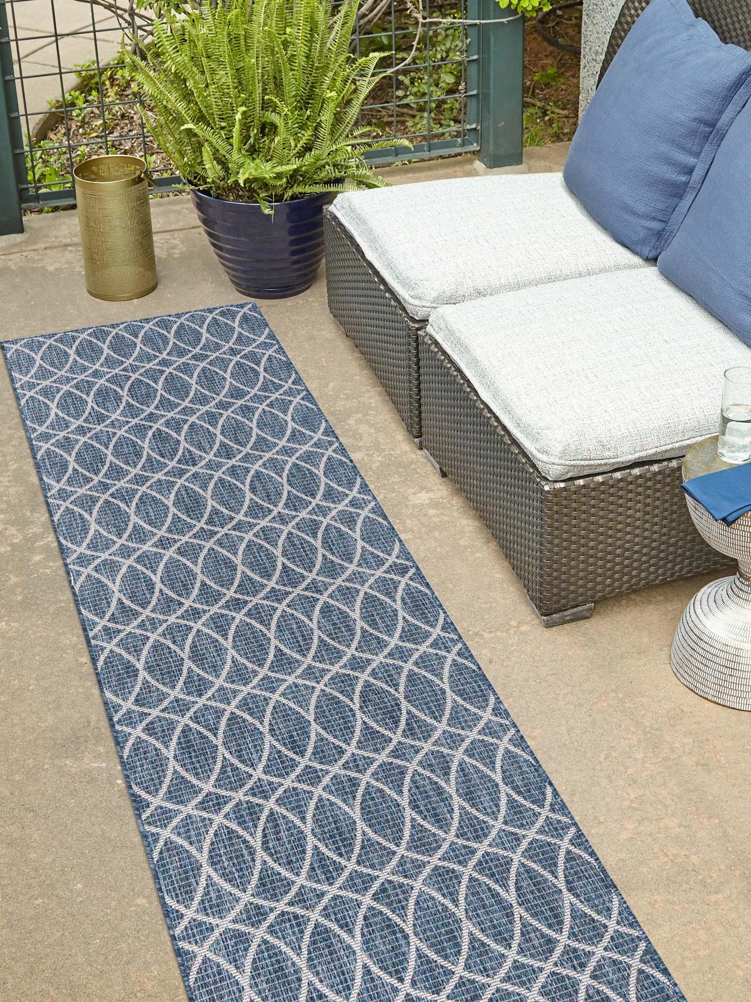 Blue 2' x 8' Outdoor Trellis Runner Area Rug Weather Resistant for Patio, Deck, Terrace, Balcony, Porch Geometric Design Water Safe Outside Carpet for Sale at Rug Engine