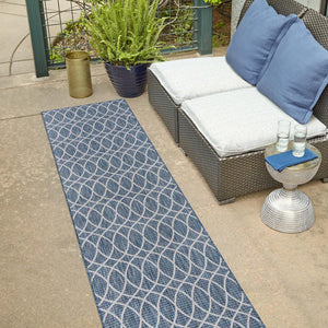 Blue 2' x 8' Outdoor Trellis Runner Area Rug Weather Resistant for Patio, Deck, Terrace, Balcony, Porch Geometric Design Water Safe Outside Carpet for Sale at Rug Engine