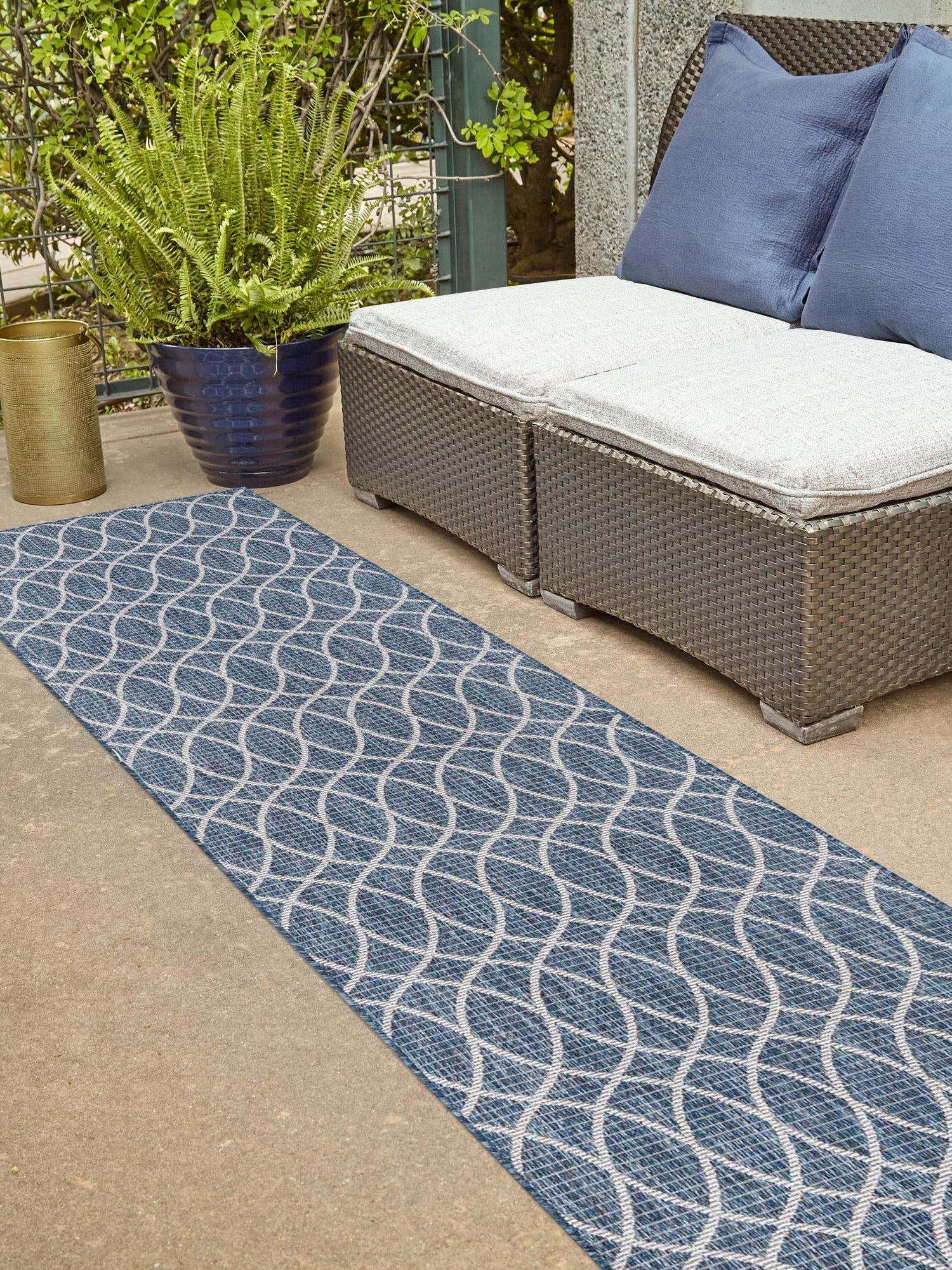 Blue 2' x 8' Outdoor Trellis Runner Area Rug Weather Resistant for Patio, Deck, Terrace, Balcony, Porch Geometric Design Water Safe Outside Carpet for Sale at Rug Engine