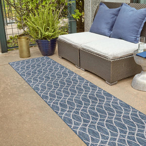 Blue 2' x 8' Outdoor Trellis Runner Area Rug Weather Resistant for Patio, Deck, Terrace, Balcony, Porch Geometric Design Water Safe Outside Carpet for Sale at Rug Engine