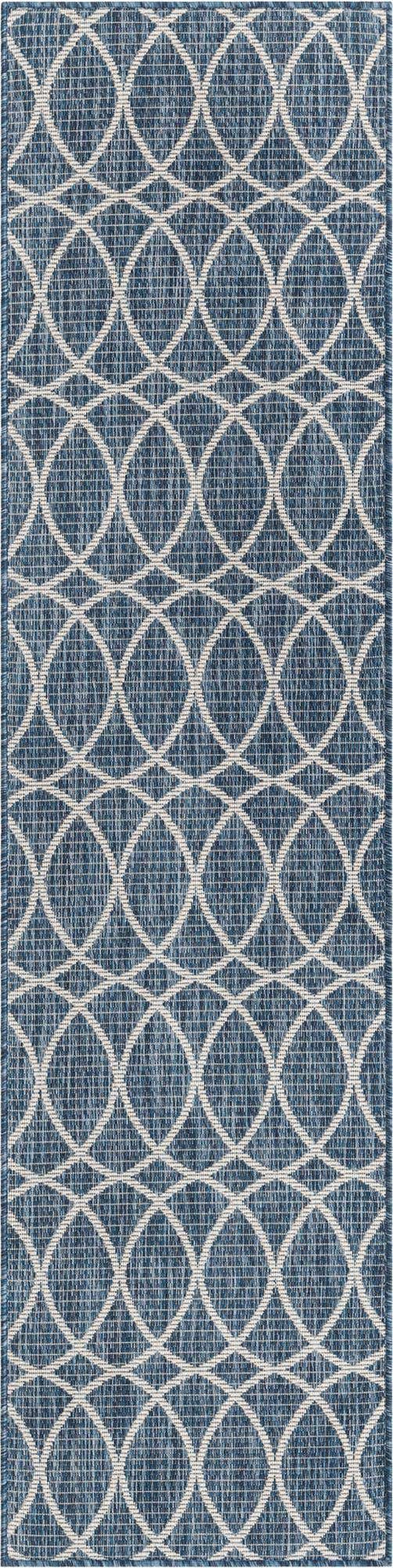 Blue 2' x 8' Outdoor Trellis Runner Area Rug Weather Resistant for Patio, Deck, Terrace, Balcony, Porch Geometric Design Water Safe Outside Carpet for Sale at Rug Engine