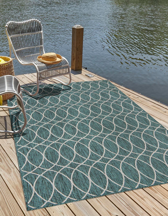 Teal 3' x 5' 3 Outdoor Trellis Rectangle Area Rug Weather Resistant for Patio, Deck, Terrace, Balcony, Porch Geometric Design Water Safe Outside Carpet for Sale at Rug Engine