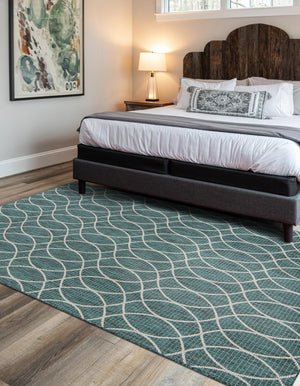 Teal 3' x 5' 3 Outdoor Trellis Rectangle Area Rug Weather Resistant for Patio, Deck, Terrace, Balcony, Porch Geometric Design Water Safe Outside Carpet for Sale at Rug Engine