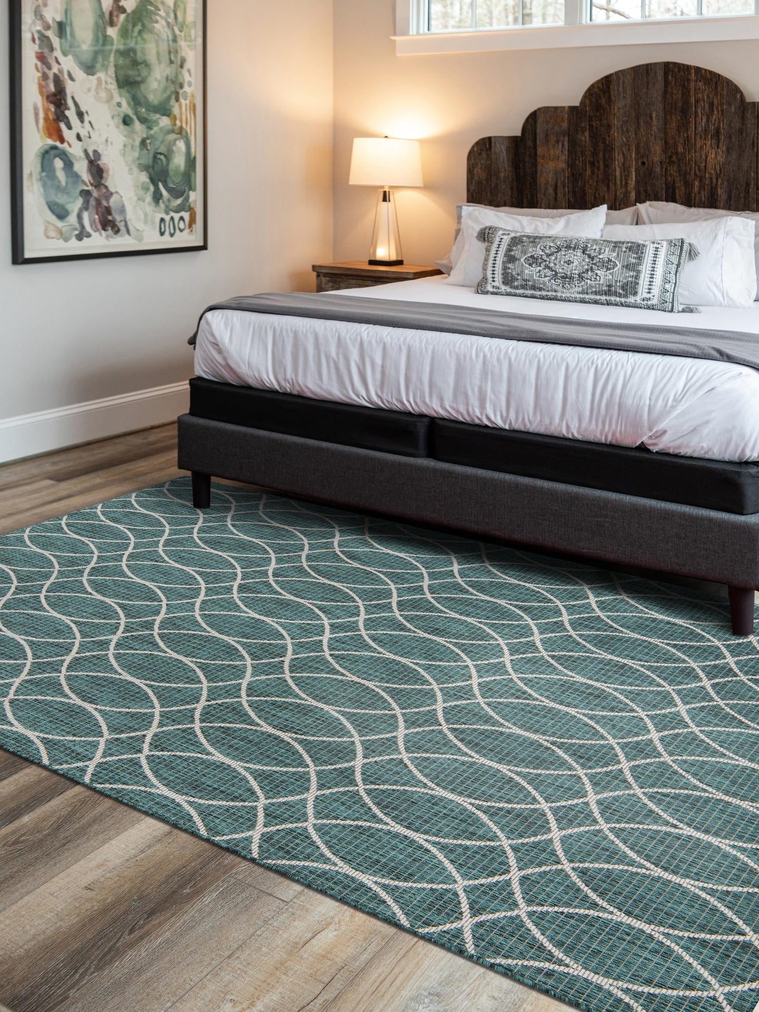 Teal 4' x 6' Outdoor Trellis Rectangle Area Rug Weather Resistant for Patio, Deck, Terrace, Balcony, Porch Geometric Design Water Safe Outside Carpet for Sale at Rug Engine