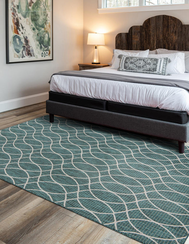Teal 4' x 6' Outdoor Trellis Rectangle Area Rug Weather Resistant for Patio, Deck, Terrace, Balcony, Porch Geometric Design Water Safe Outside Carpet for Sale at Rug Engine
