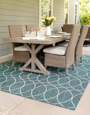 Teal 4' x 6' Outdoor Trellis Rectangle Area Rug Weather Resistant for Patio, Deck, Terrace, Balcony, Porch Geometric Design Water Safe Outside Carpet for Sale at Rug Engine