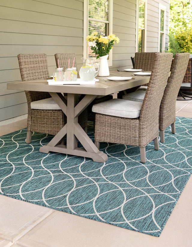 Teal 7' 10 x 11' Outdoor Trellis Rectangle Area Rug Weather Resistant for Patio, Deck, Terrace, Balcony, Porch Geometric Design Water Safe Outside Carpet for Sale at Rug Engine