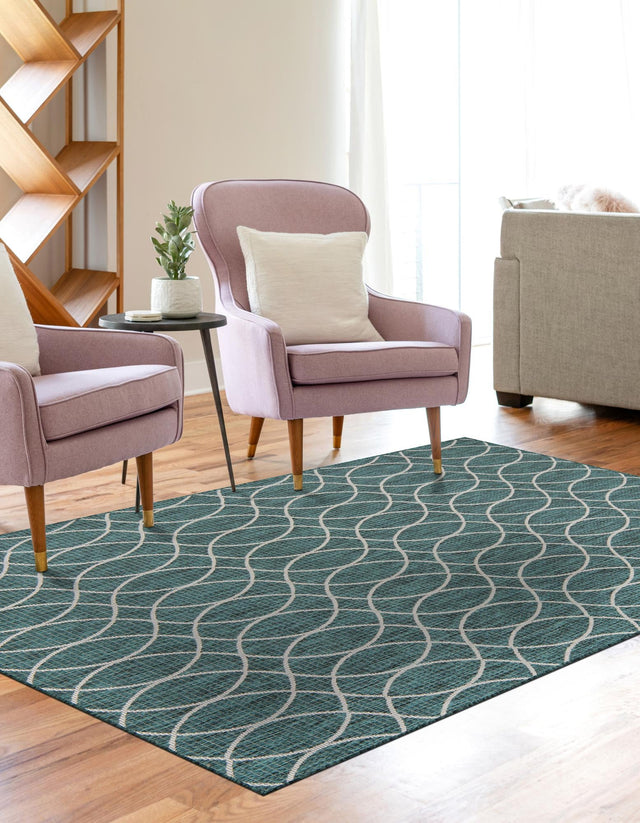 Teal 5' 3 x 7' 10 Outdoor Trellis Rectangle Area Rug Weather Resistant for Patio, Deck, Terrace, Balcony, Porch Geometric Design Water Safe Outside Carpet for Sale at Rug Engine