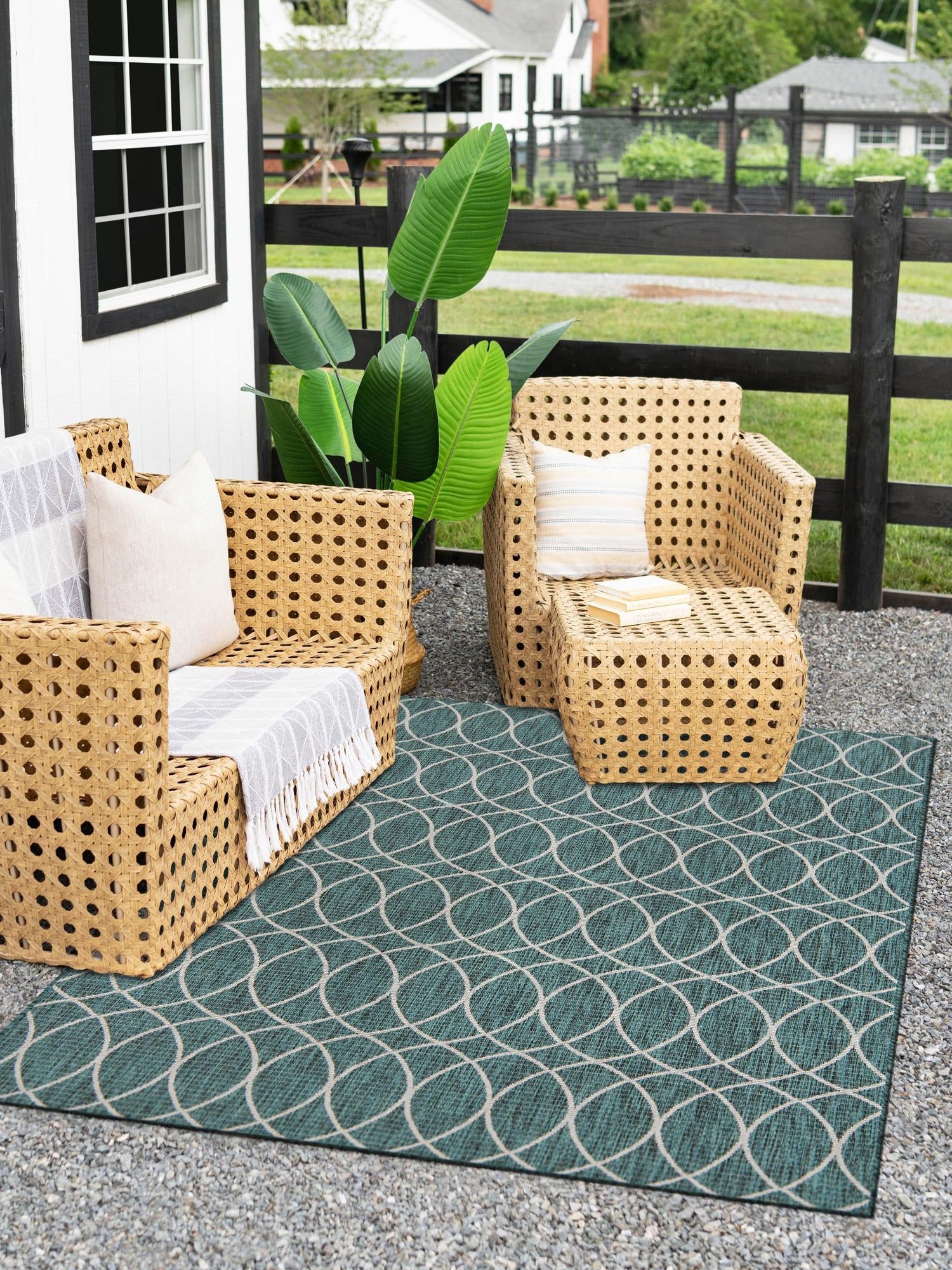 Teal 4' x 6' Outdoor Trellis Rectangle Area Rug Weather Resistant for Patio, Deck, Terrace, Balcony, Porch Geometric Design Water Safe Outside Carpet for Sale at Rug Engine
