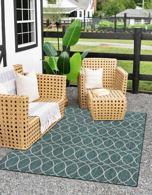 Teal 4' x 6' Outdoor Trellis Rectangle Area Rug Weather Resistant for Patio, Deck, Terrace, Balcony, Porch Geometric Design Water Safe Outside Carpet for Sale at Rug Engine