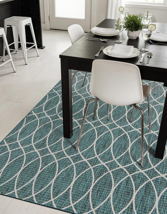 Teal 3' x 5' 3 Outdoor Trellis Rectangle Area Rug Weather Resistant for Patio, Deck, Terrace, Balcony, Porch Geometric Design Water Safe Outside Carpet for Sale at Rug Engine