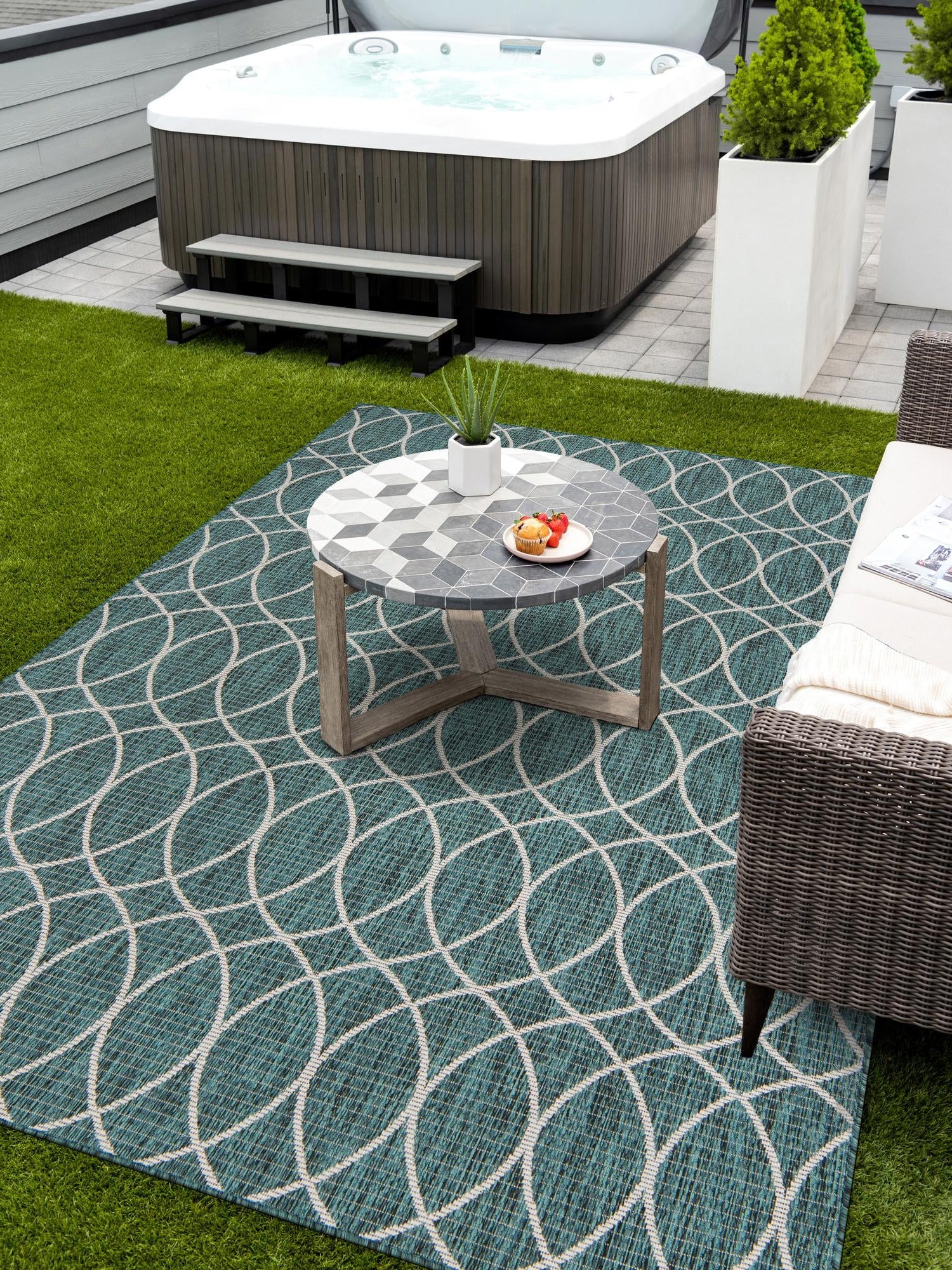 Teal 4' x 6' Outdoor Trellis Rectangle Area Rug Weather Resistant for Patio, Deck, Terrace, Balcony, Porch Geometric Design Water Safe Outside Carpet for Sale at Rug Engine