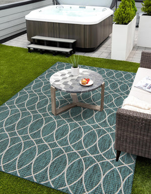 Teal 5' 3 x 7' 10 Outdoor Trellis Rectangle Area Rug Weather Resistant for Patio, Deck, Terrace, Balcony, Porch Geometric Design Water Safe Outside Carpet for Sale at Rug Engine